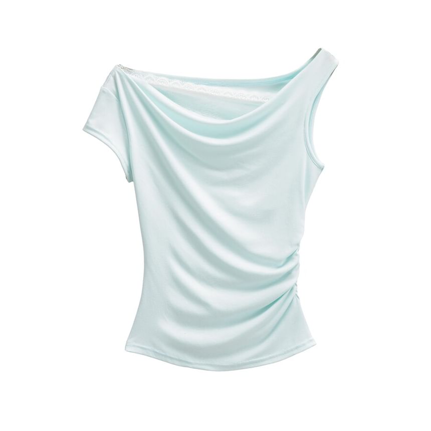 Cowl Neck Mock Two-Piece Ruched Lace Top