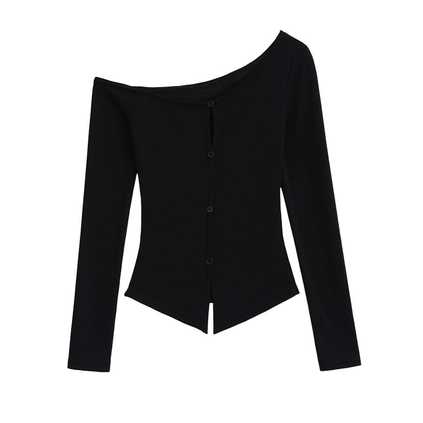 One-Shoulder Button Panel Lace Top