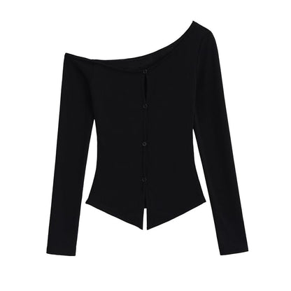 One-Shoulder Button Panel Lace Top