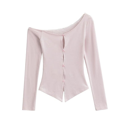 One-Shoulder Button Panel Lace Top