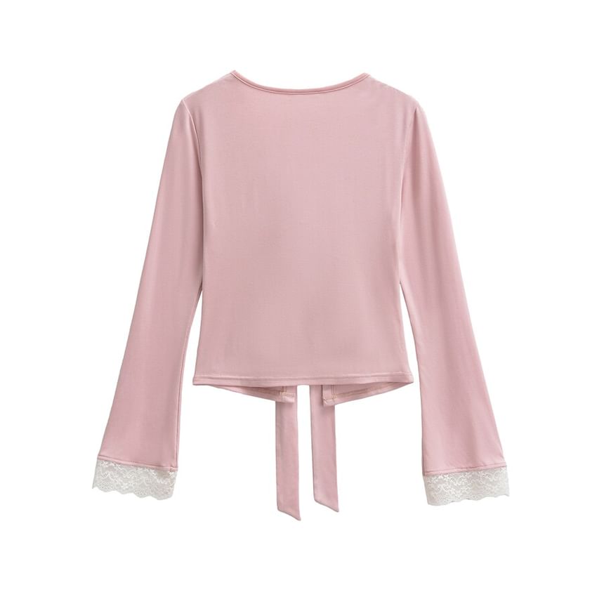 V-Neck Tie-Up Lace Panel Top
