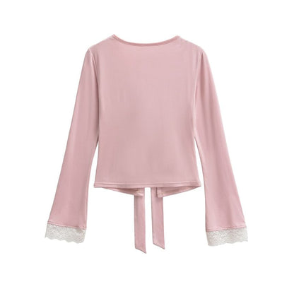 V-Neck Tie-Up Lace Panel Top