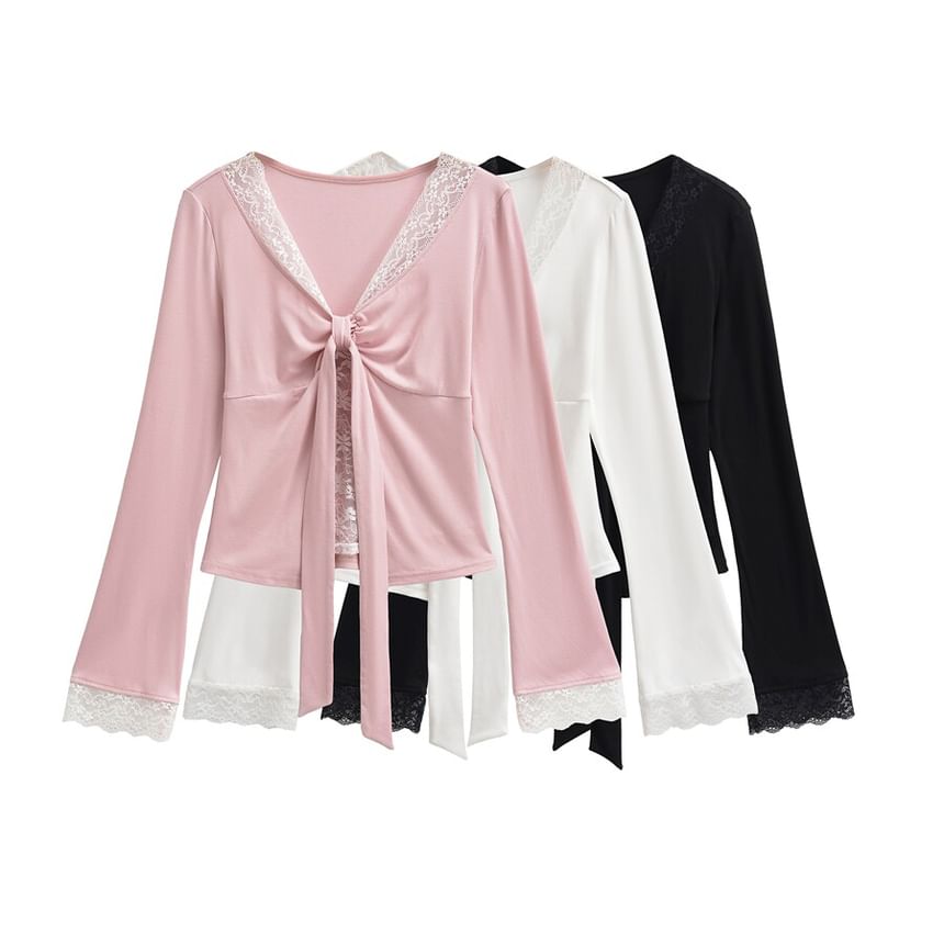 V-Neck Tie-Up Lace Panel Top
