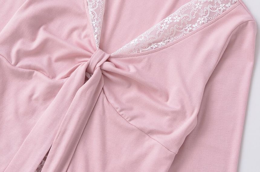 V-Neck Tie-Up Lace Panel Top