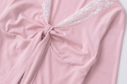 V-Neck Tie-Up Lace Panel Top