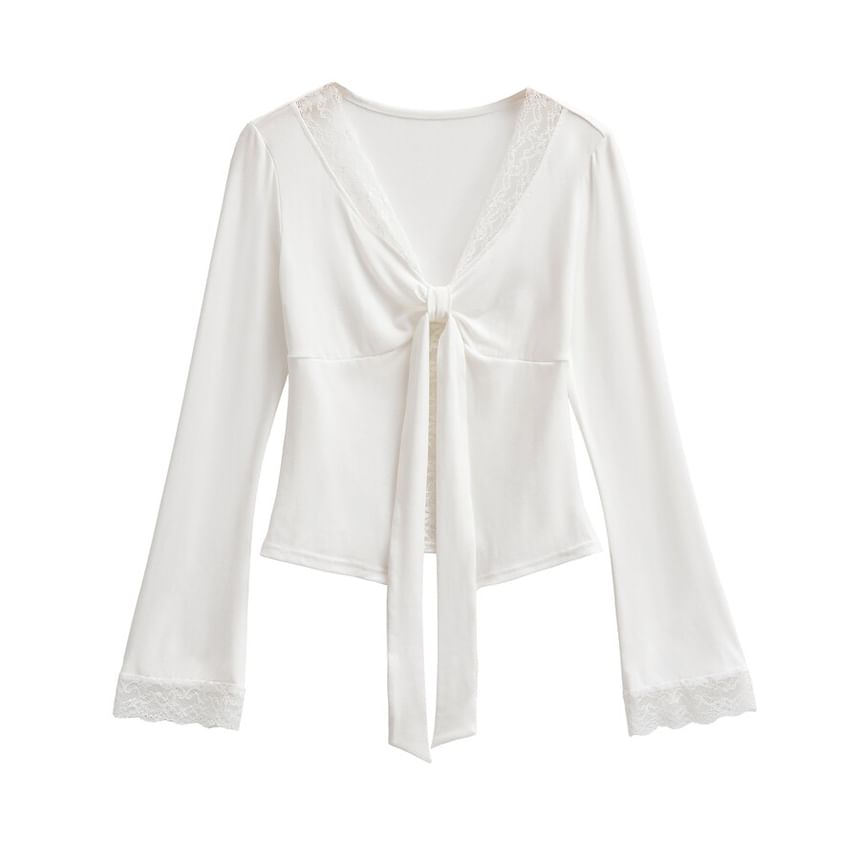 V-Neck Tie-Up Lace Panel Top