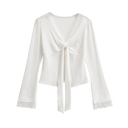V-Neck Tie-Up Lace Panel Top