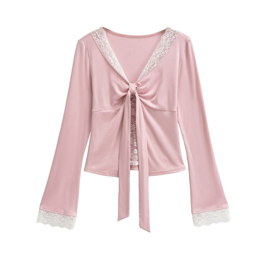 V-Neck Tie-Up Lace Panel Top