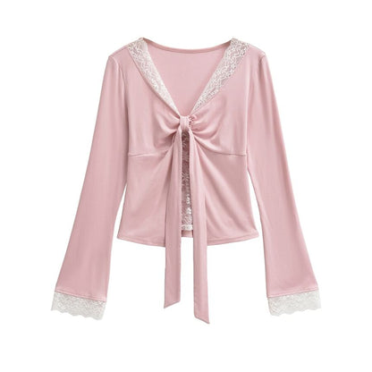 V-Neck Tie-Up Lace Panel Top