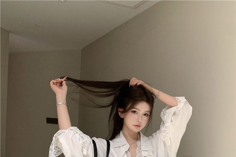 Plain Long-Sleeve Shirt and Lace Tank Set