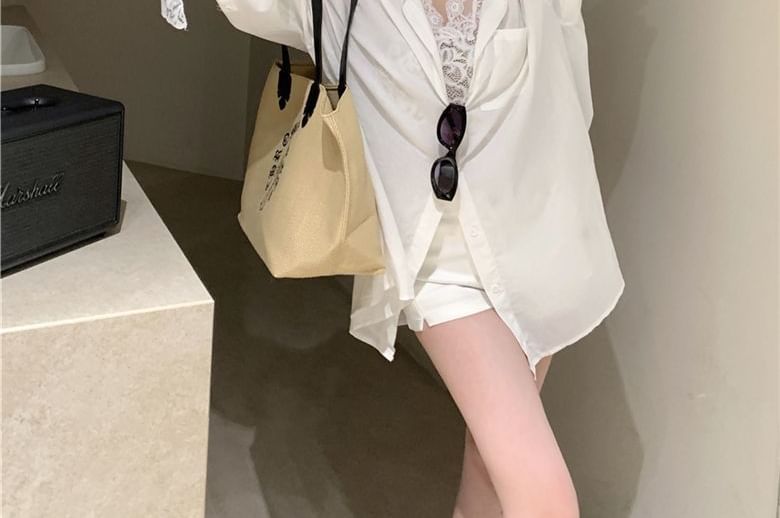 Plain Long-Sleeve Shirt and Lace Tank Set