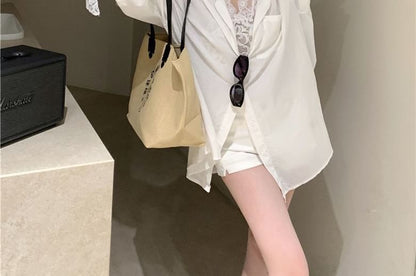 Plain Long-Sleeve Shirt and Lace Tank Set