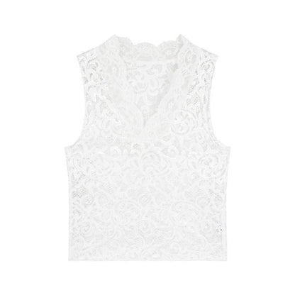 Plain Long-Sleeve Shirt and Lace Tank Set