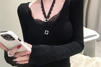 Halter Neck Lace Crop Top with Long Sleeves