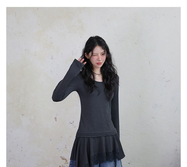 Long-Sleeve Scoop Neck Plain Lace Hem Tunic Top