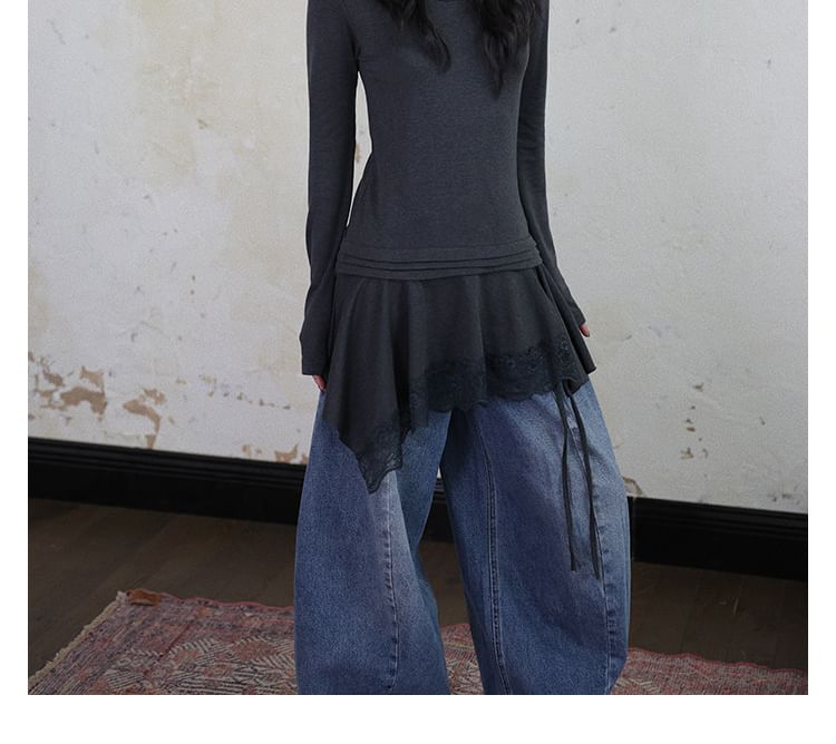 Long-Sleeve Scoop Neck Plain Lace Hem Tunic Top