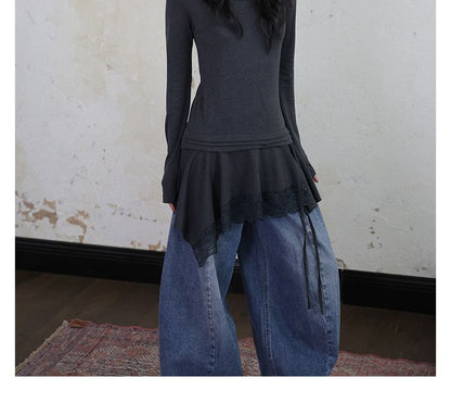 Long-Sleeve Scoop Neck Plain Lace Hem Tunic Top
