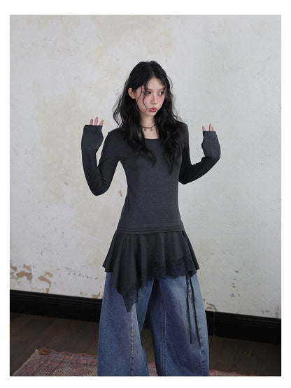 Long-Sleeve Scoop Neck Plain Lace Hem Tunic Top