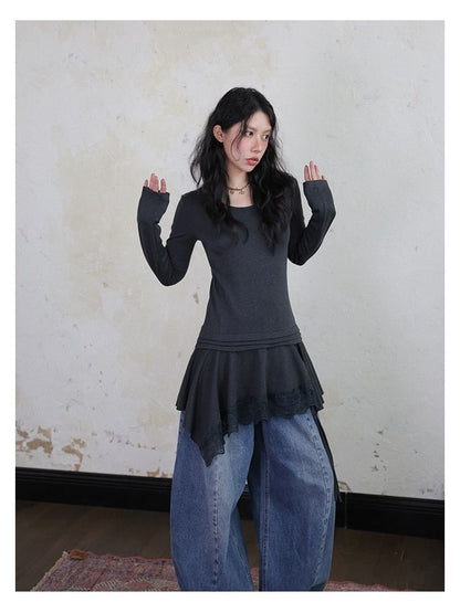 Long-Sleeve Scoop Neck Plain Lace Hem Tunic Top