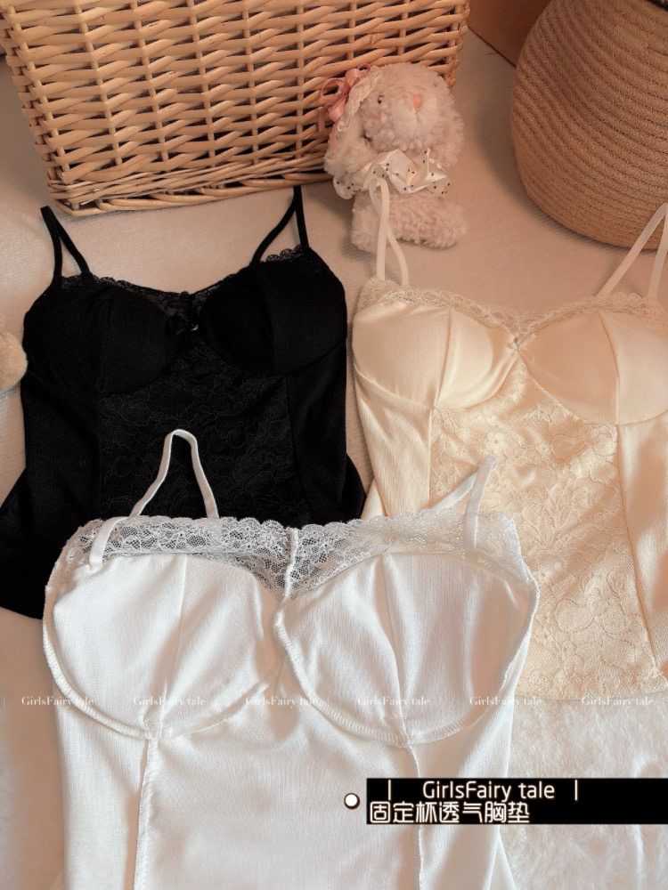 V-Neck Lace Panel Padded Crop Camisole