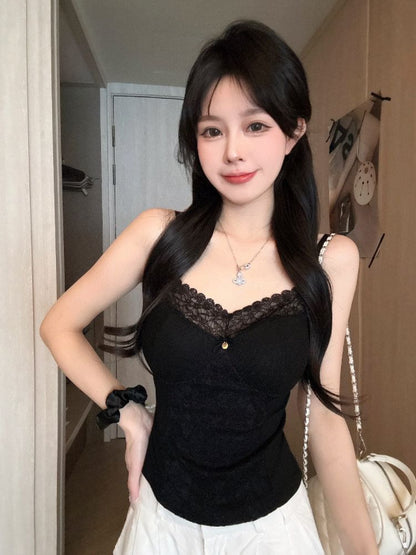 V-Neck Lace Panel Padded Crop Camisole