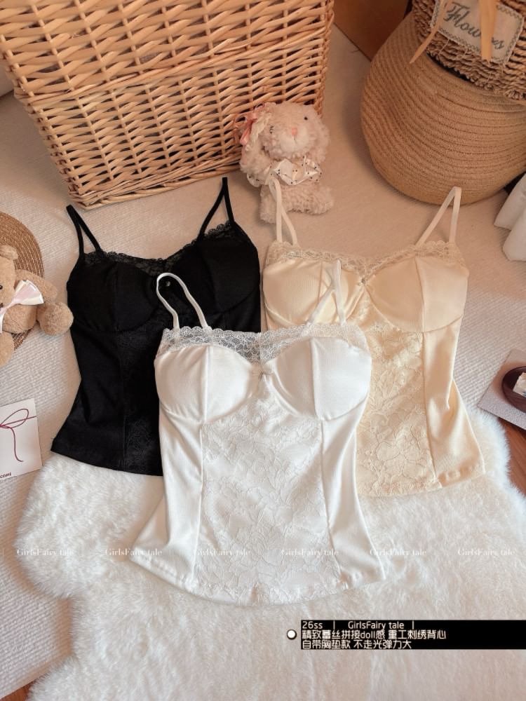 V-Neck Lace Panel Padded Crop Camisole
