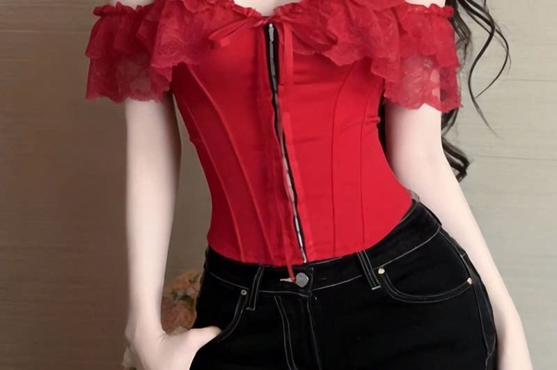 Off-Shoulder Lace Panel Hook Eye Crop Corset