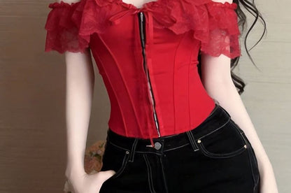 Off-Shoulder Lace Panel Hook Eye Crop Corset