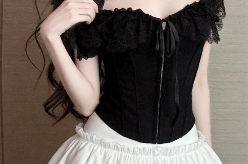Off-Shoulder Lace Panel Hook Eye Crop Corset