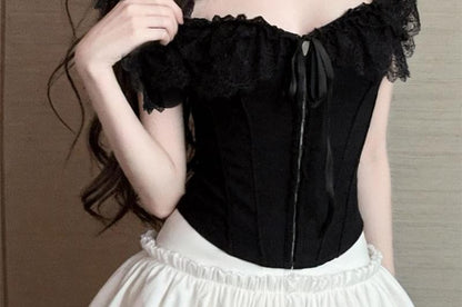 Off-Shoulder Lace Panel Hook Eye Crop Corset