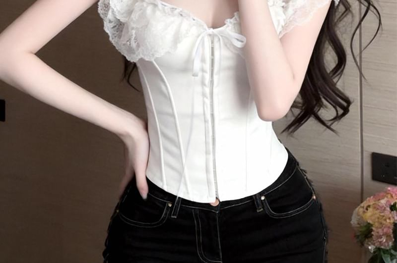 Off-Shoulder Lace Panel Hook Eye Crop Corset