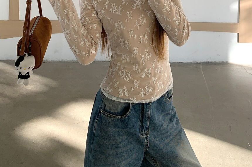 Long Sleeve Scoop Neck Lace Slim Blouse