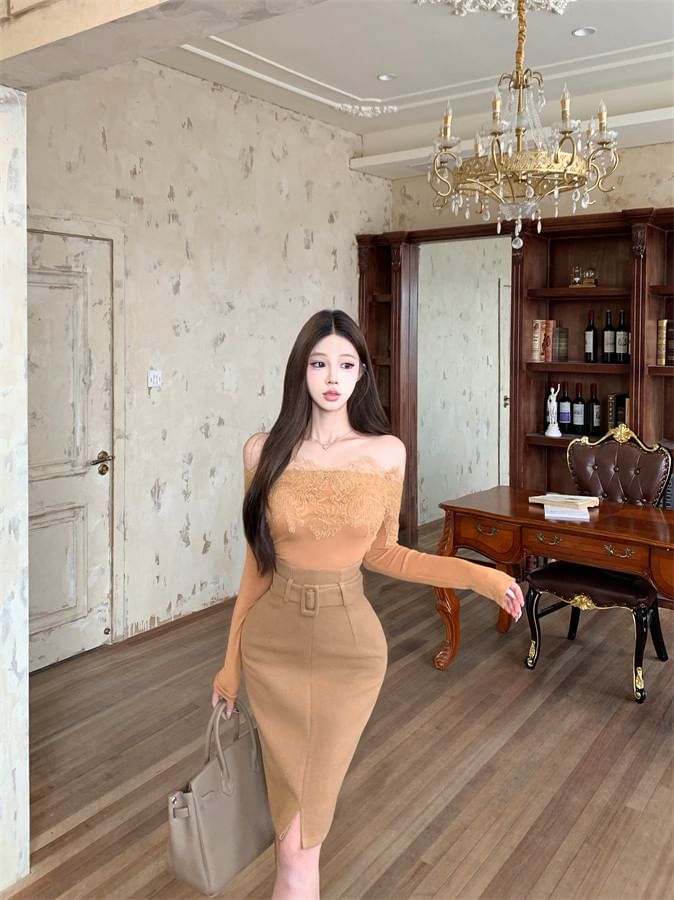 Off-Shoulder Lace Trim Top and Belted Pencil Skirt