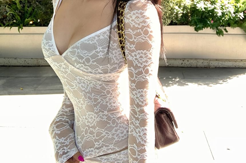 V-Neck Lace Crop Top and Mini Pencil Skirt Set