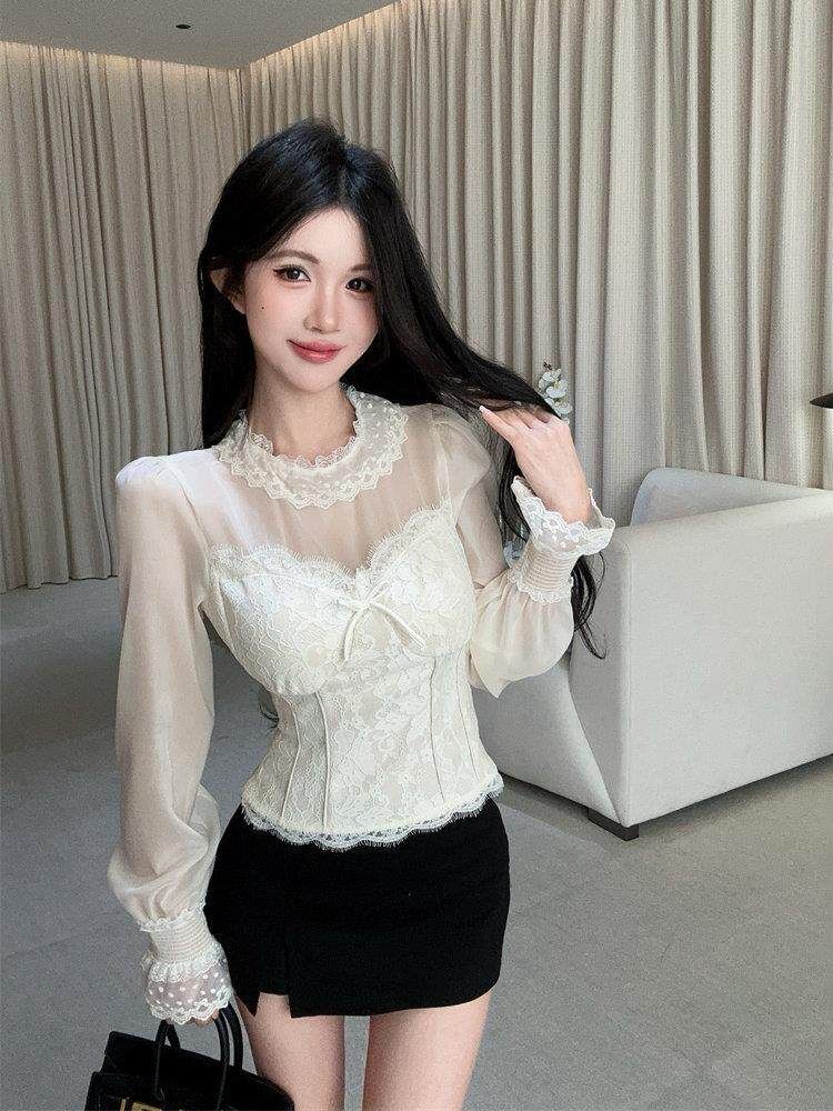 Long Sleeve Crewneck Lace Flowy Blouse