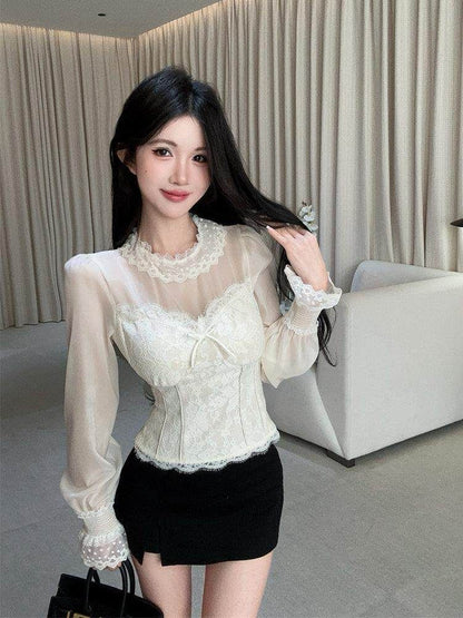 Long Sleeve Crewneck Lace Flowy Blouse