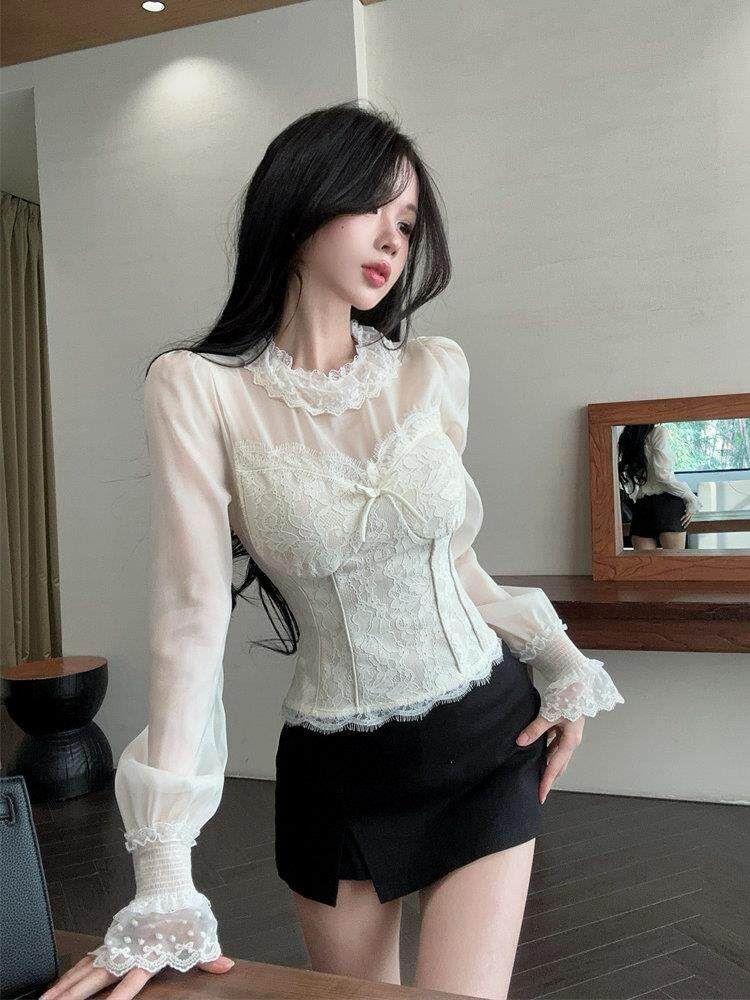 Long Sleeve Crewneck Lace Flowy Blouse