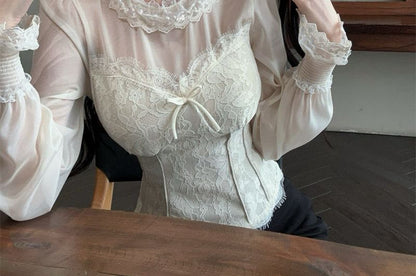 Long Sleeve Crewneck Lace Flowy Blouse