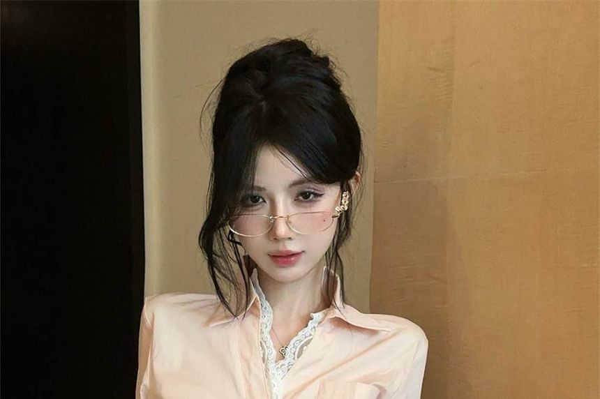 Long Sleeve Lace Trim Plain Crop Shirt