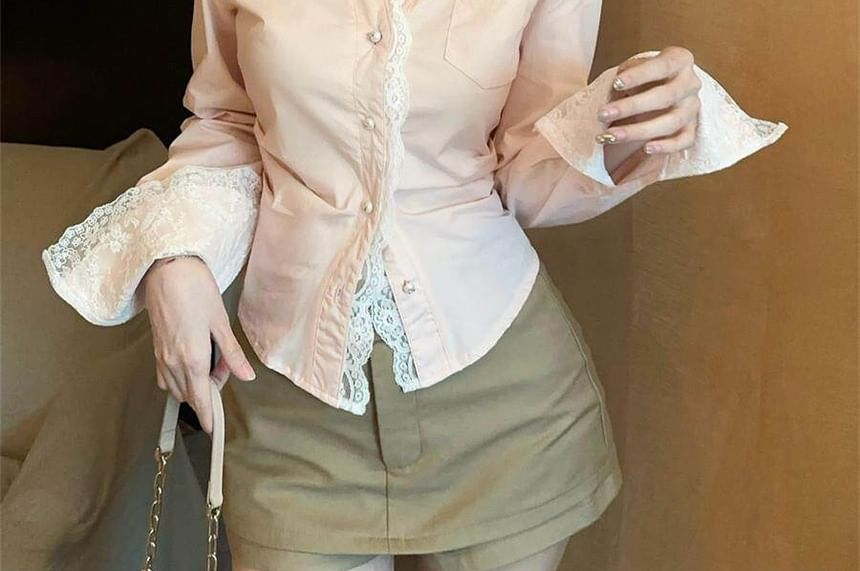Long Sleeve Lace Trim Plain Crop Shirt