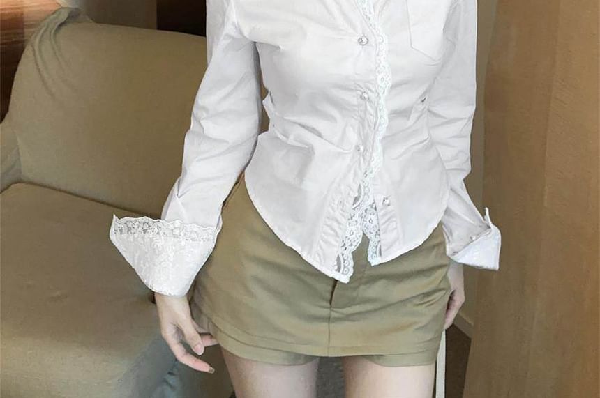 Long Sleeve Lace Trim Plain Crop Shirt