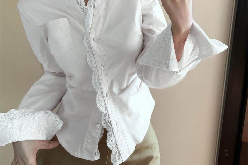 Long Sleeve Lace Trim Plain Crop Shirt
