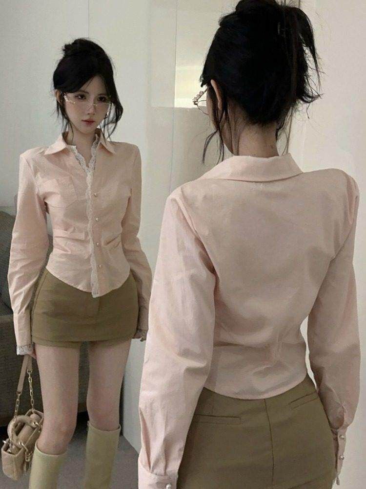 Long Sleeve Lace Trim Plain Crop Shirt