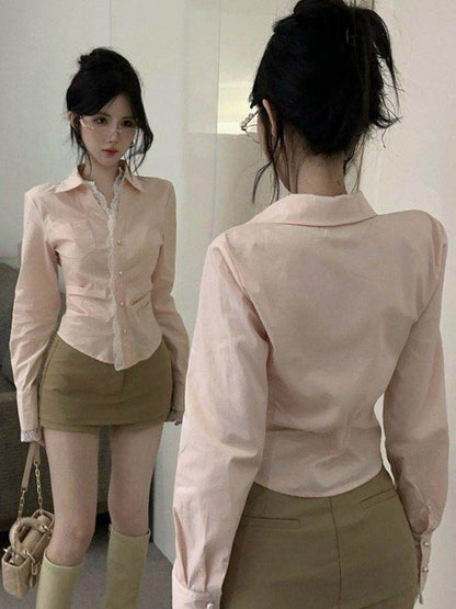 Long Sleeve Lace Trim Plain Crop Shirt
