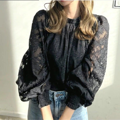 Puff Sleeve Crewneck Lace Blouse