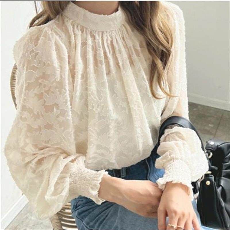 Puff Sleeve Crewneck Lace Blouse