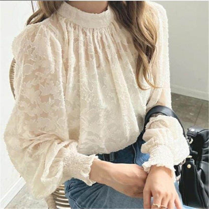 Puff Sleeve Crewneck Lace Blouse