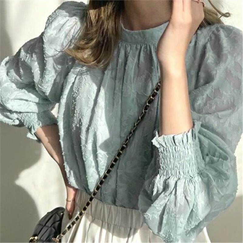 Puff Sleeve Crewneck Lace Blouse