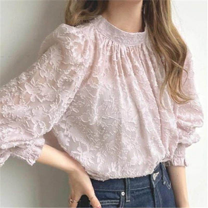 Puff Sleeve Crewneck Lace Blouse