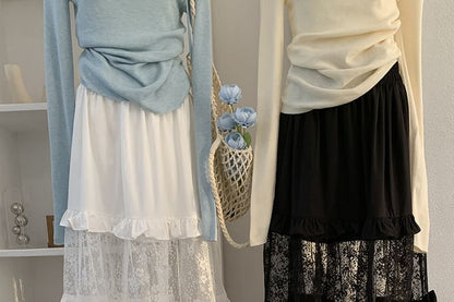 Elastic Waist Lace Panel Ruffle Maxi Skirt
